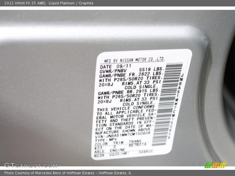 2012 FX 35 AWD Liquid Platinum Color Code K23