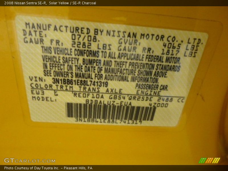 2008 Sentra SE-R Solar Yellow Color Code EW3