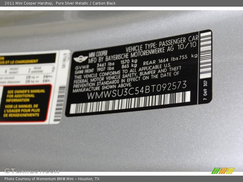 Pure Silver Metallic / Carbon Black 2011 Mini Cooper Hardtop