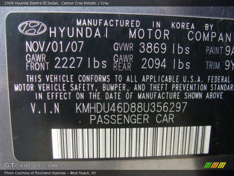 Carbon Gray Metallic / Gray 2008 Hyundai Elantra SE Sedan