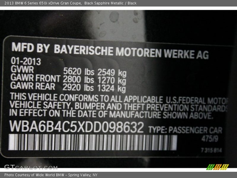 2013 6 Series 650i xDrive Gran Coupe Black Sapphire Metallic Color Code 475
