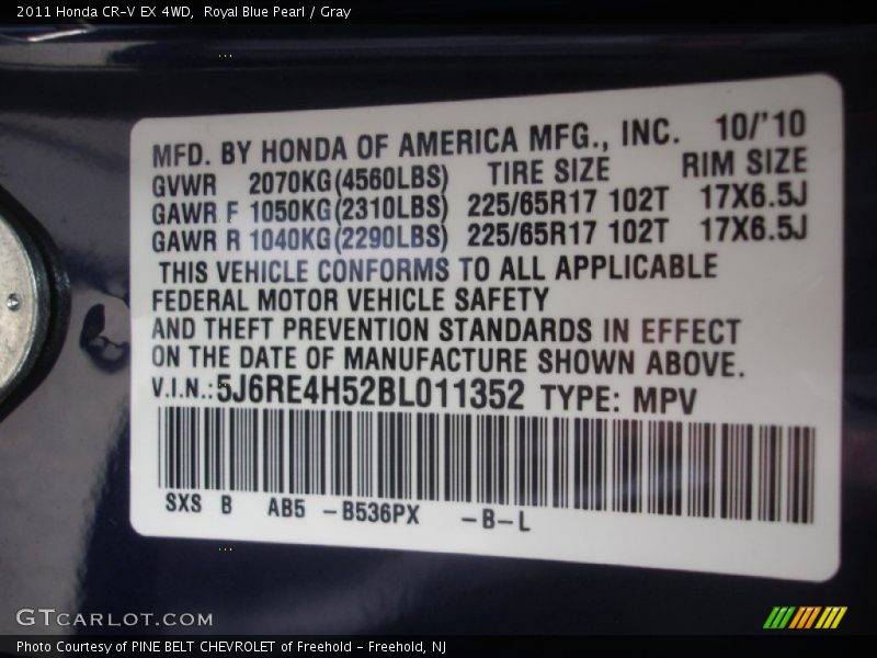 Royal Blue Pearl / Gray 2011 Honda CR-V EX 4WD