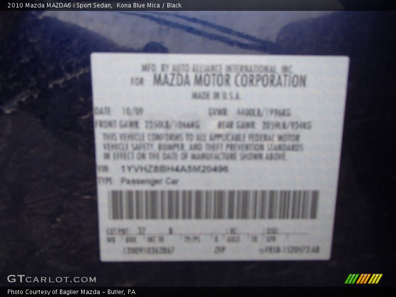 Kona Blue Mica / Black 2010 Mazda MAZDA6 i Sport Sedan