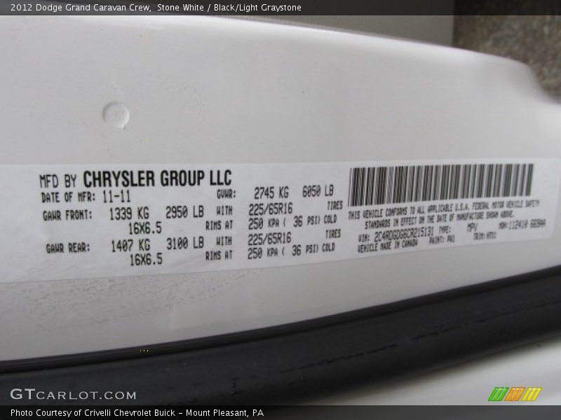 Stone White / Black/Light Graystone 2012 Dodge Grand Caravan Crew