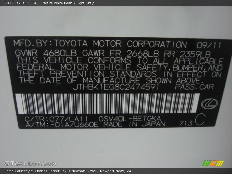 Starfire White Pearl / Light Gray 2012 Lexus ES 350