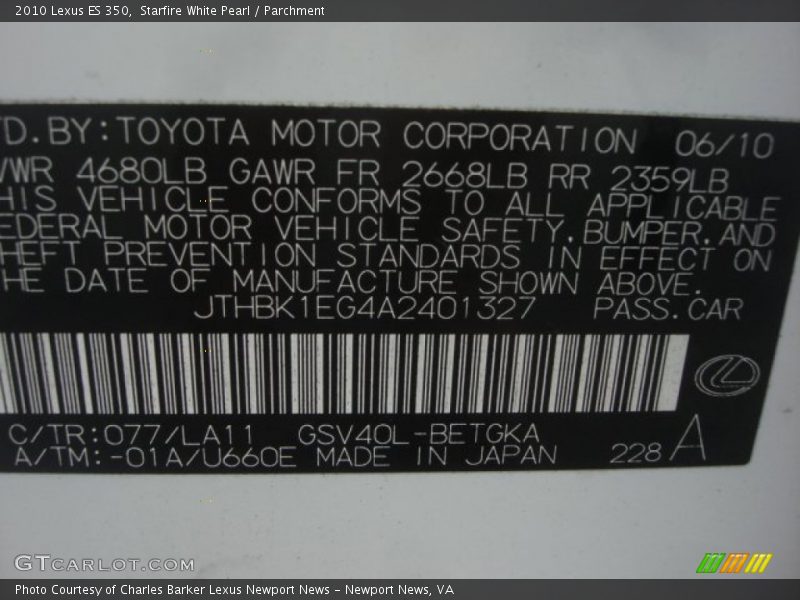Starfire White Pearl / Parchment 2010 Lexus ES 350