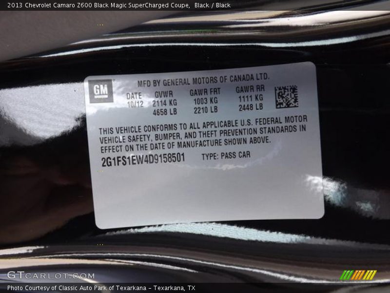 Info Tag of 2013 Camaro Z600 Black Magic SuperCharged Coupe