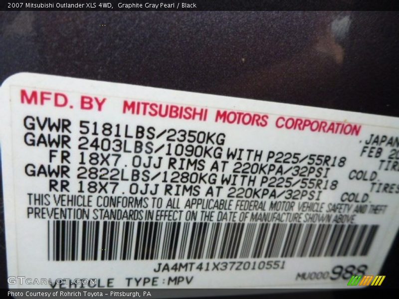 Graphite Gray Pearl / Black 2007 Mitsubishi Outlander XLS 4WD
