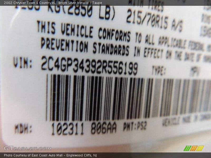 2002 Town & Country eL Bright Silver Metallic Color Code PS2