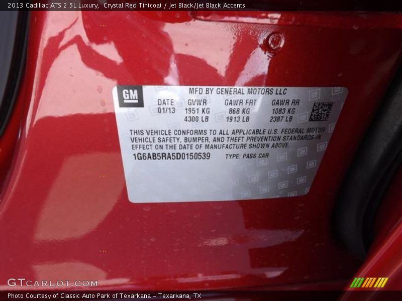 Crystal Red Tintcoat / Jet Black/Jet Black Accents 2013 Cadillac ATS 2.5L Luxury