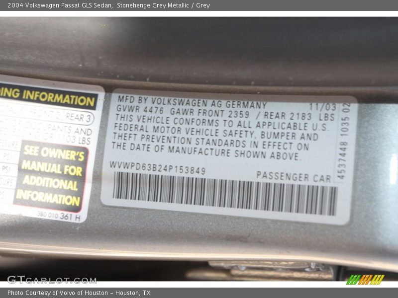 Stonehenge Grey Metallic / Grey 2004 Volkswagen Passat GLS Sedan