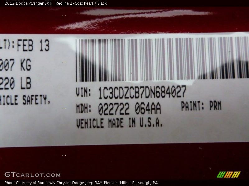 Redline 2-Coat Pearl / Black 2013 Dodge Avenger SXT