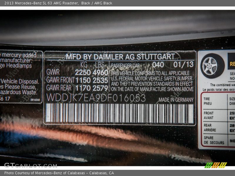2013 SL 63 AMG Roadster Black Color Code 040