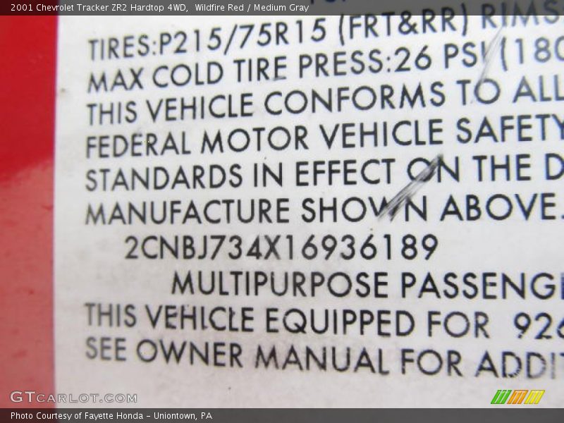Wildfire Red / Medium Gray 2001 Chevrolet Tracker ZR2 Hardtop 4WD