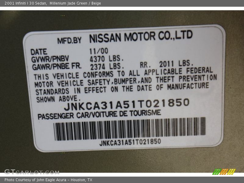 Info Tag of 2001 I 30 Sedan