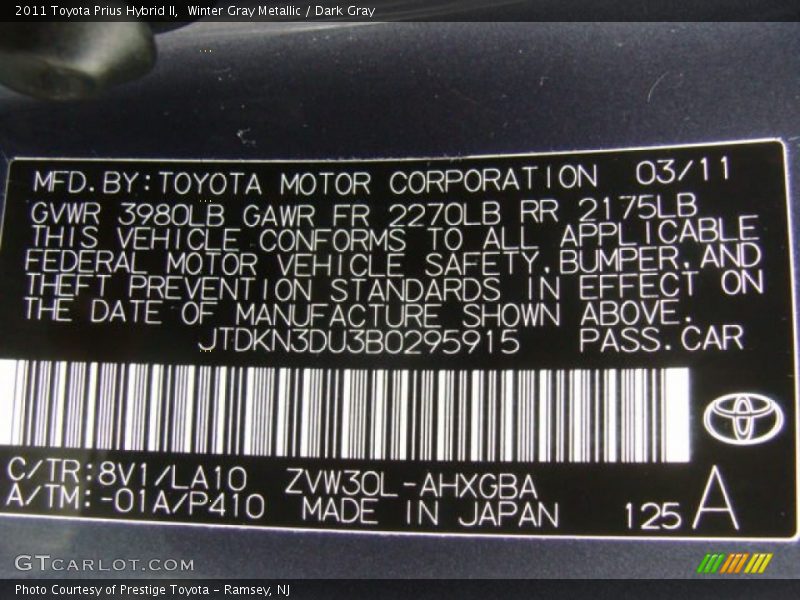 2011 Prius Hybrid II Winter Gray Metallic Color Code 8V1