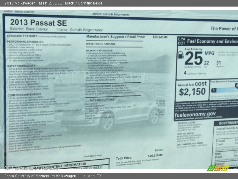 Black / Cornsilk Beige 2013 Volkswagen Passat 2.5L SE