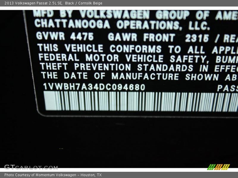 Black / Cornsilk Beige 2013 Volkswagen Passat 2.5L SE