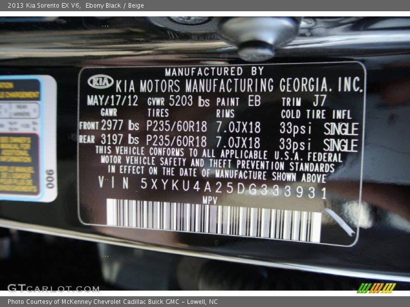 2013 Sorento EX V6 Ebony Black Color Code EB