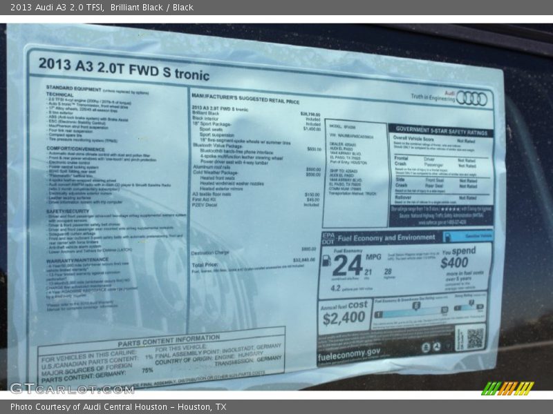  2013 A3 2.0 TFSI Window Sticker