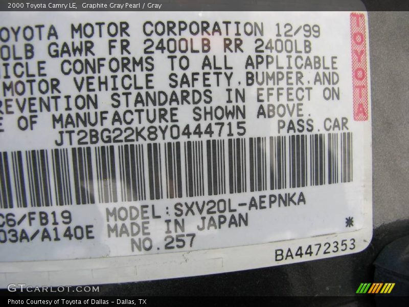 Graphite Gray Pearl / Gray 2000 Toyota Camry LE