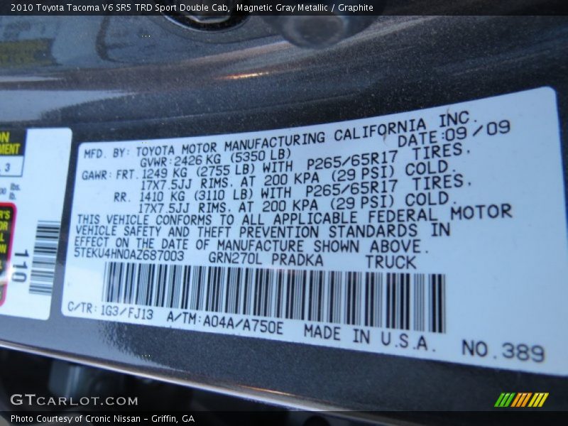 2010 Tacoma V6 SR5 TRD Sport Double Cab Magnetic Gray Metallic Color Code 1G3