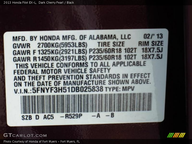 Dark Cherry Pearl / Black 2013 Honda Pilot EX-L