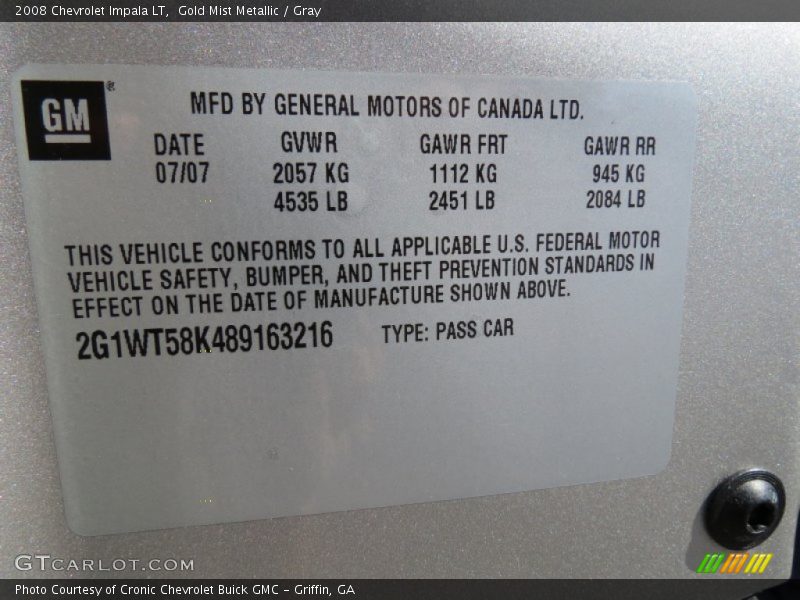 Gold Mist Metallic / Gray 2008 Chevrolet Impala LT