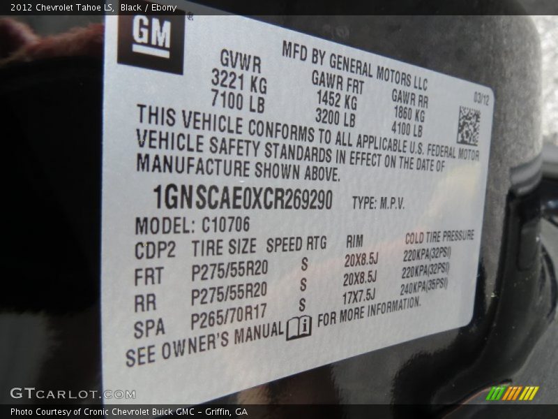 Black / Ebony 2012 Chevrolet Tahoe LS