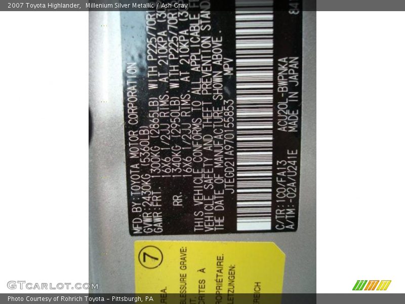 Millenium Silver Metallic / Ash Gray 2007 Toyota Highlander