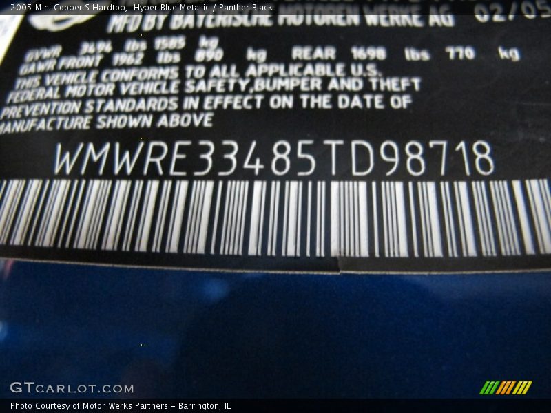 Hyper Blue Metallic / Panther Black 2005 Mini Cooper S Hardtop