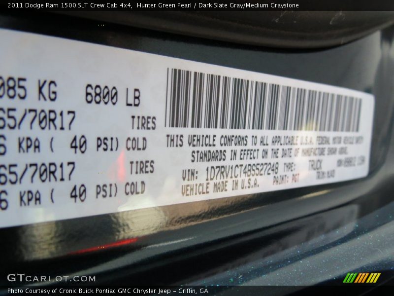 2011 Ram 1500 SLT Crew Cab 4x4 Hunter Green Pearl Color Code PGT