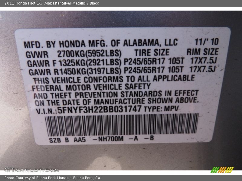 Alabaster Silver Metallic / Black 2011 Honda Pilot LX