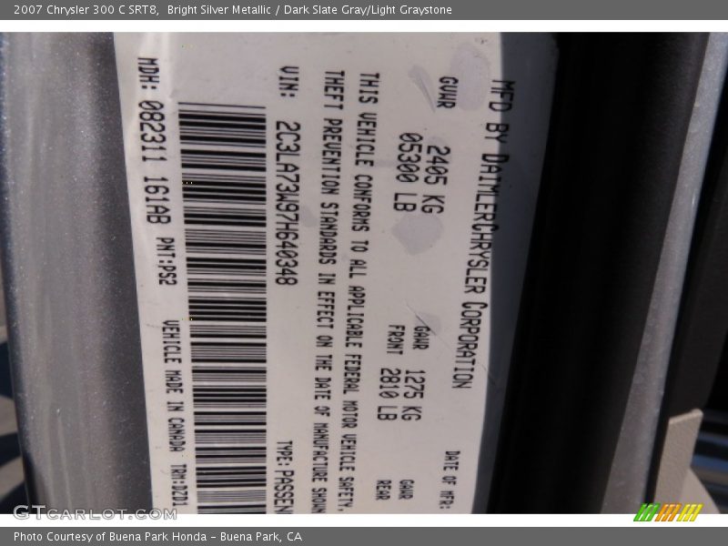 2007 300 C SRT8 Bright Silver Metallic Color Code PS2