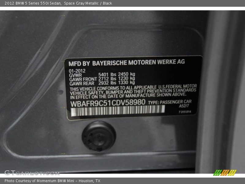 Space Gray Metallic / Black 2012 BMW 5 Series 550i Sedan