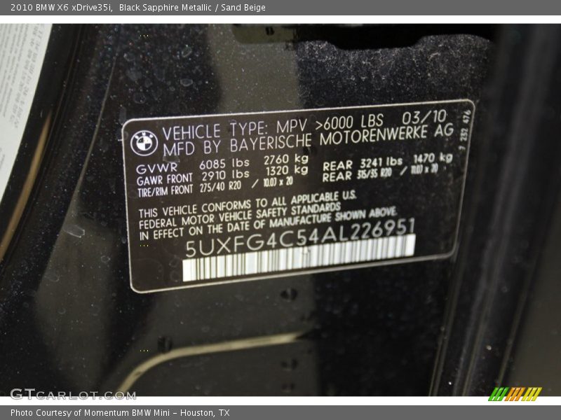 Black Sapphire Metallic / Sand Beige 2010 BMW X6 xDrive35i