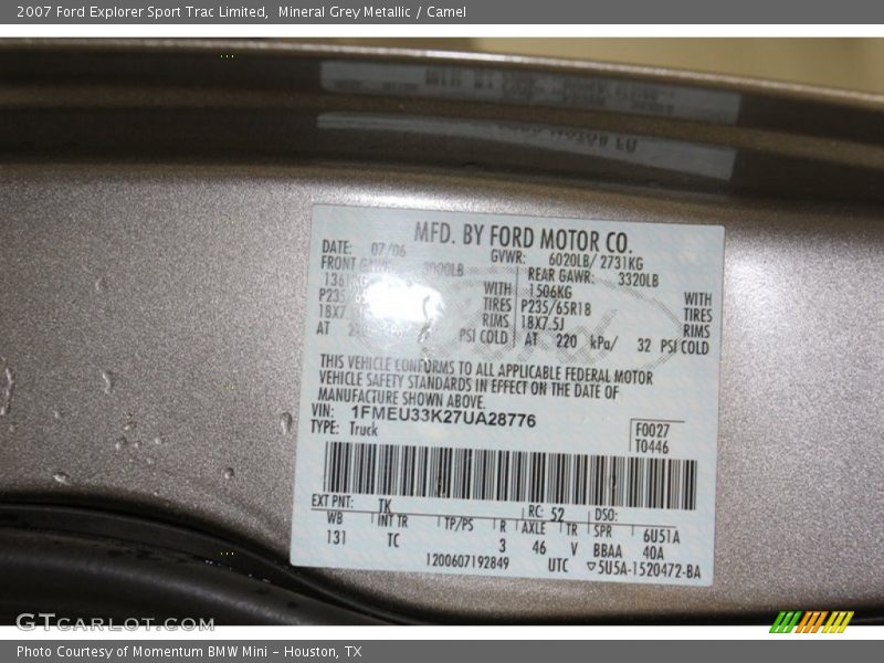 Mineral Grey Metallic / Camel 2007 Ford Explorer Sport Trac Limited