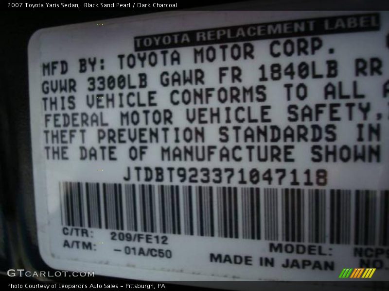 Black Sand Pearl / Dark Charcoal 2007 Toyota Yaris Sedan