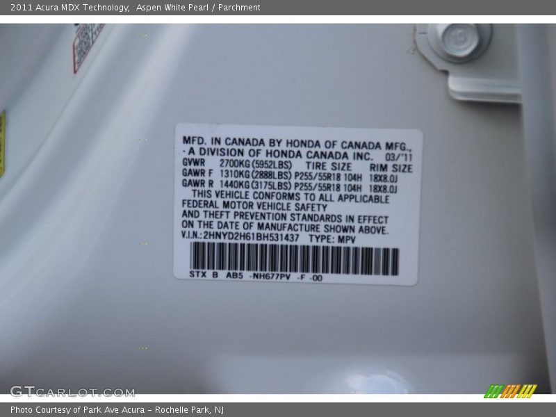 Aspen White Pearl / Parchment 2011 Acura MDX Technology