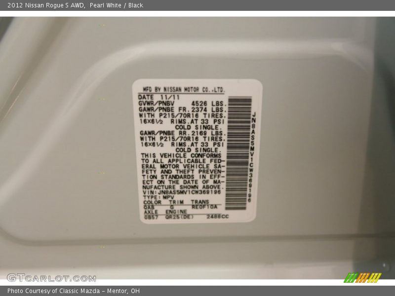 Pearl White / Black 2012 Nissan Rogue S AWD