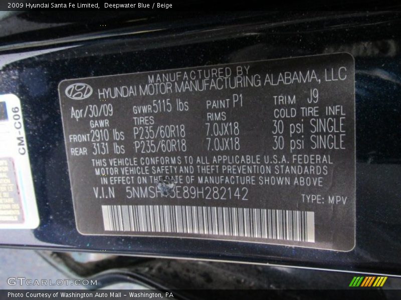 Deepwater Blue / Beige 2009 Hyundai Santa Fe Limited