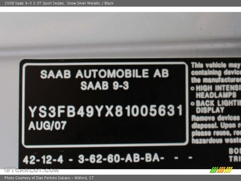 Snow Silver Metallic / Black 2008 Saab 9-3 2.0T Sport Sedan