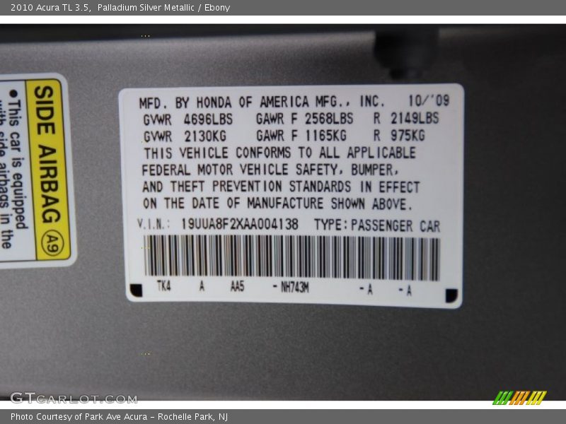 Palladium Silver Metallic / Ebony 2010 Acura TL 3.5