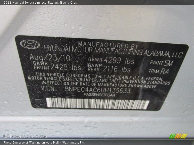 Radiant Silver / Gray 2011 Hyundai Sonata Limited