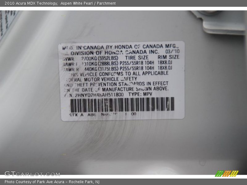 Aspen White Pearl / Parchment 2010 Acura MDX Technology