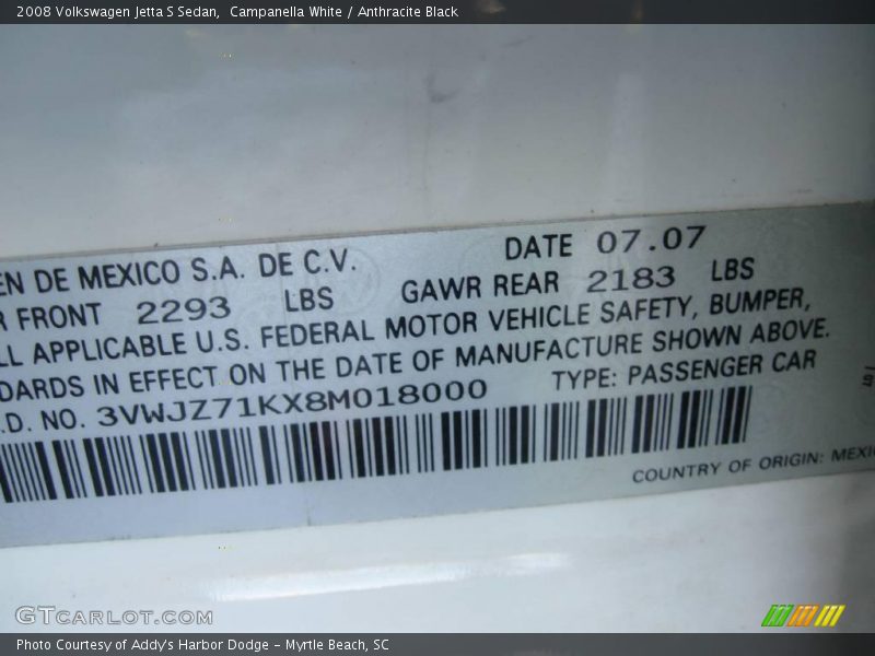 Campanella White / Anthracite Black 2008 Volkswagen Jetta S Sedan