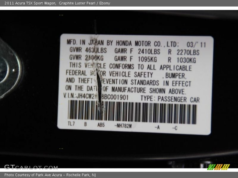 2011 TSX Sport Wagon Graphite Luster Pearl Color Code NH782M