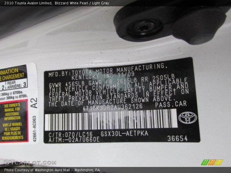 2010 Avalon Limited Blizzard White Pearl Color Code 070