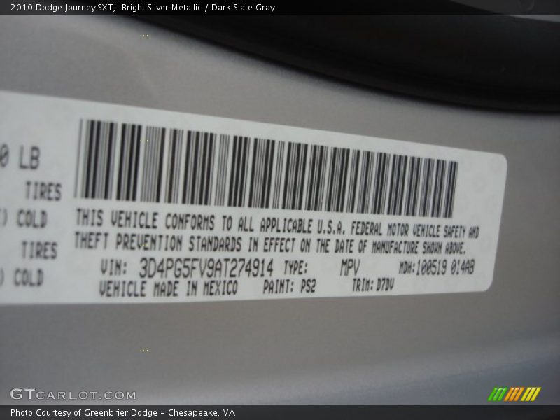 Bright Silver Metallic / Dark Slate Gray 2010 Dodge Journey SXT