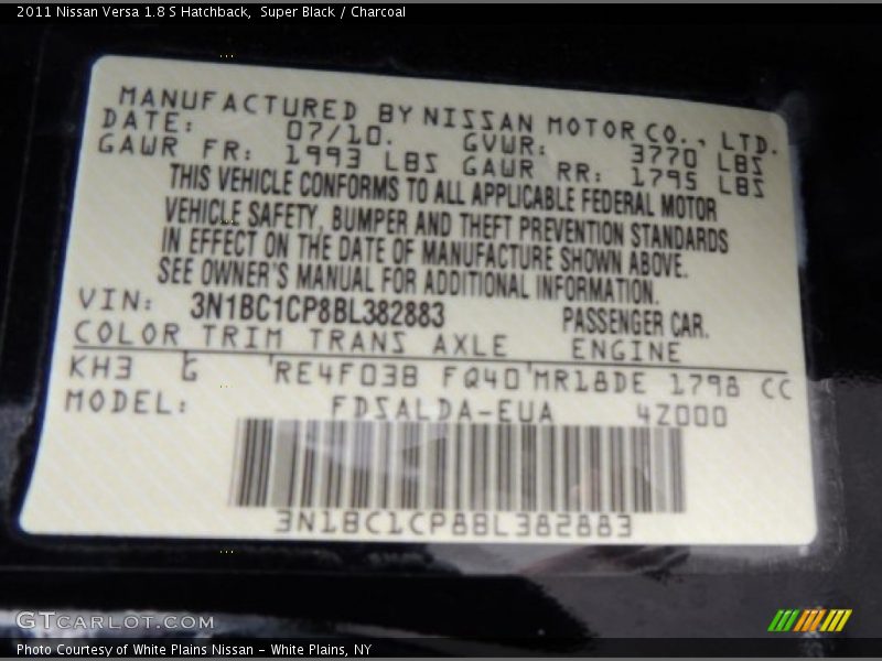 2011 Versa 1.8 S Hatchback Super Black Color Code KH3